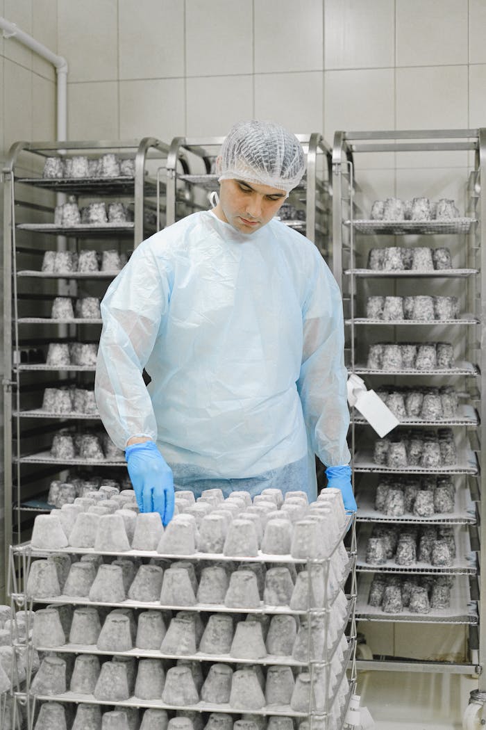 why-choose-us-02 A worker in hygienic clothing handling food storage in a production facility.